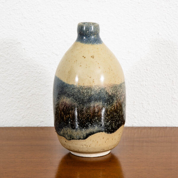 Mid Century Modern Studio Pottery Vase Blue and Tan Round Vintage - Image 7