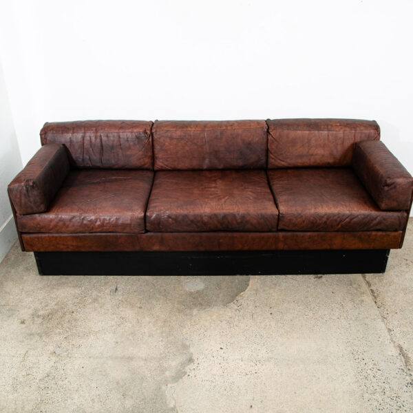 Mid Century Modern Sofa Couch Brown Leather 70s 80s Platform Black Frame 3 Seat - Image 5