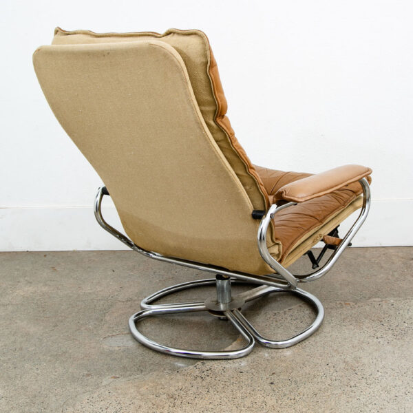 Mid Century Danish Modern Lounge Chair Tan Leather Skoghaug Ottoman Recliner - Image 3