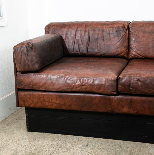 Mid Century Modern Sofa Couch Brown Leather 70s 80s Platform Black Frame 3 Seat - Image 12