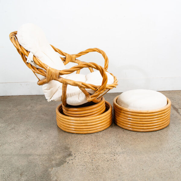 Mid Century Modern Lounge Chair Ottoman Bamboo Boho Swivel Rattan Basket Stool - Image 2
