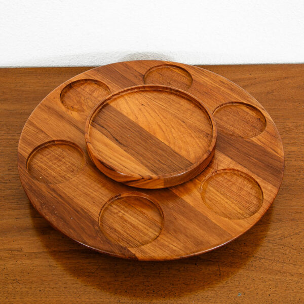 Mid Century Danish Modern Teak Lazy Susan Tray with Cups Luthje Wood Denmark - Image 5