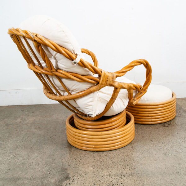 Mid Century Modern Lounge Chair Ottoman Bamboo Boho Swivel Rattan Basket Stool - Image 8