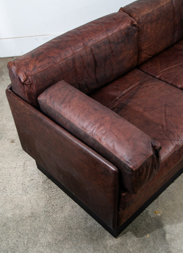 Mid Century Modern Sofa Couch Brown Leather 70s 80s Platform Black Frame 3 Seat - Image 10