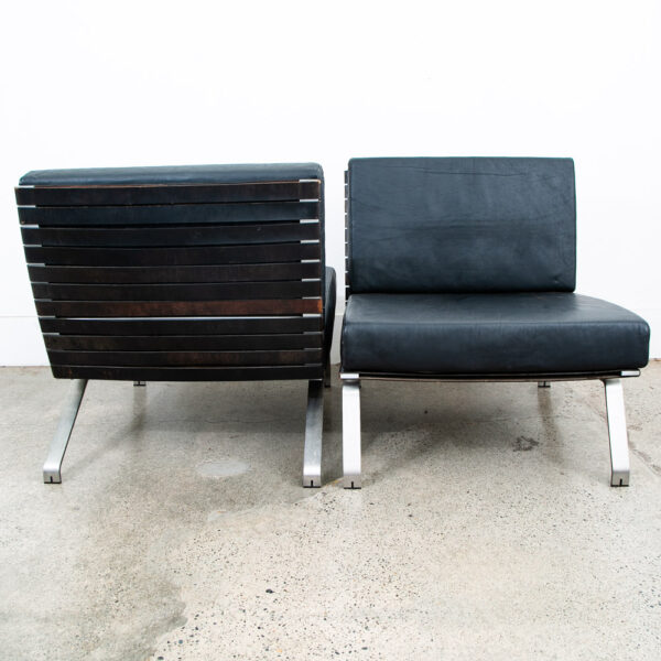Mid Century Modern Lounge Chairs Pair Black Leather Ligne Roset France Saddle NM - Image 4