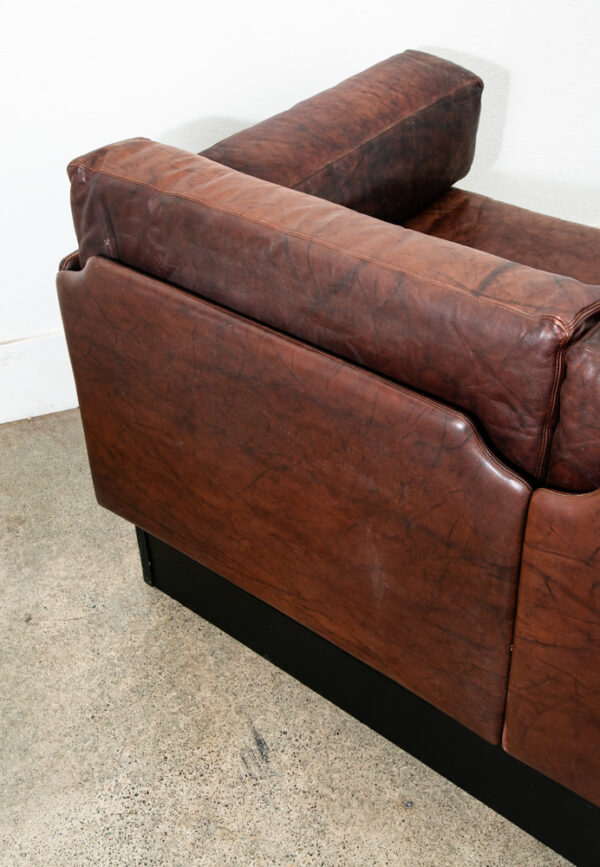 Mid Century Modern Sofa Couch Settee Brown Leather 70s 80s Platform Black 2 Seat - Image 9