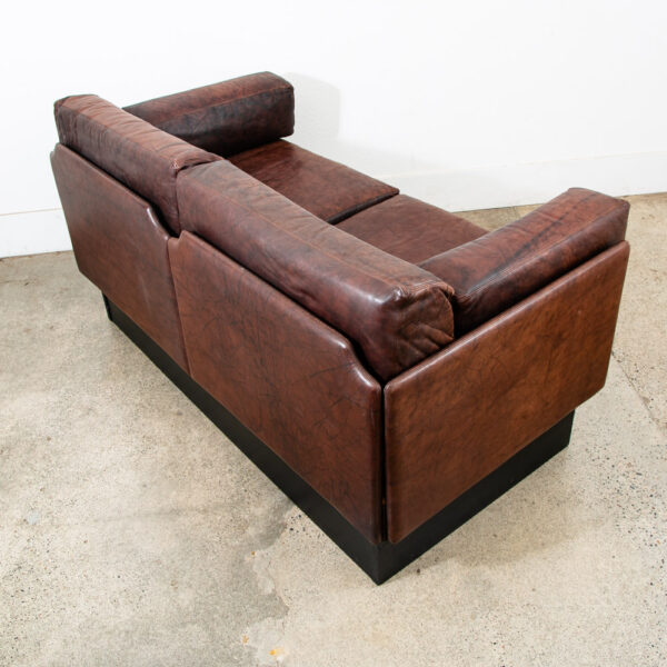 Mid Century Modern Sofa Couch Settee Brown Leather 70s 80s Platform Black 2 Seat - Image 4