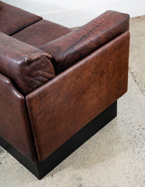 Mid Century Modern Sofa Couch Settee Brown Leather 70s 80s Platform Black 2 Seat - Image 5