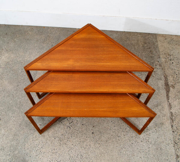 Mid Century Danish Modern Nesting Tables Solid Teak Triangular Set of 3 Denmark - Image 5