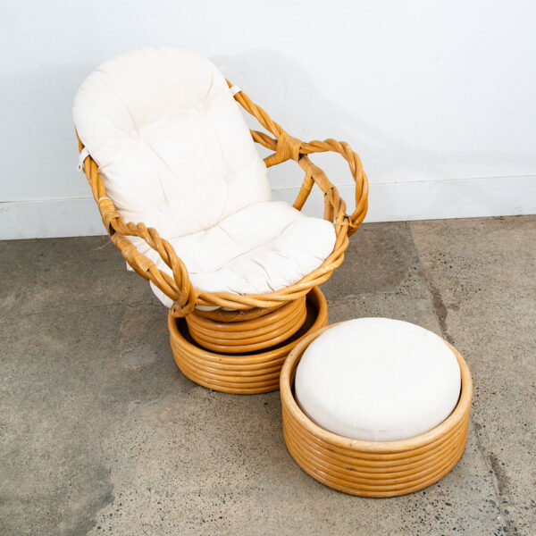 Mid Century Modern Lounge Chair Ottoman Bamboo Boho Swivel Rattan Basket Stool