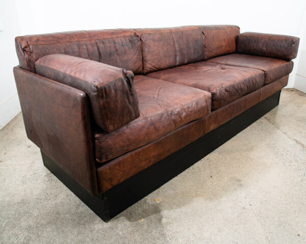 Mid Century Modern Sofa Couch Brown Leather 70s 80s Platform Black Frame 3 Seat - Image 7