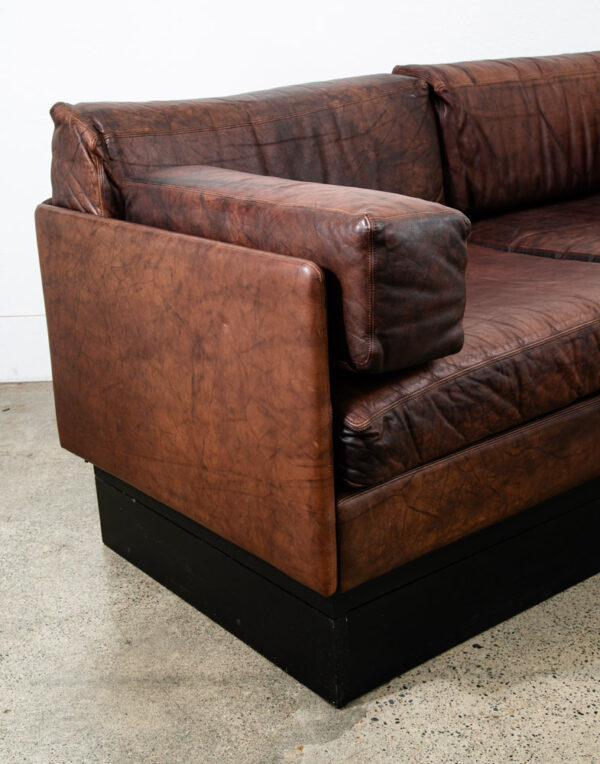 Mid Century Modern Sofa Couch Settee Brown Leather 70s 80s Platform Black 2 Seat - Image 8