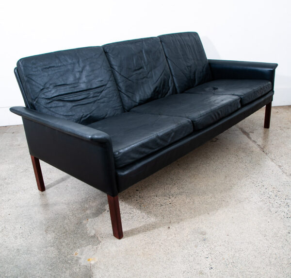 Mid Century Danish Modern Sofa Couch Leather Hans Olsen Black Arm Glostrup Wood - Image 6
