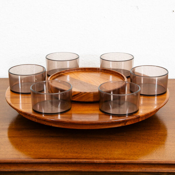 Mid Century Danish Modern Teak Lazy Susan Tray with Cups Luthje Wood Denmark - Image 2