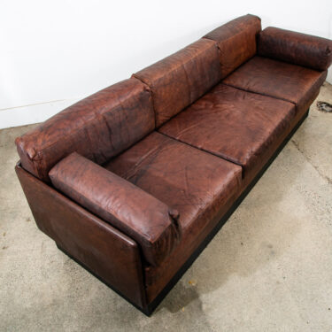 Mid Century Modern Sofa Couch Brown Leather 70s 80s Platform Black Frame 3 Seat