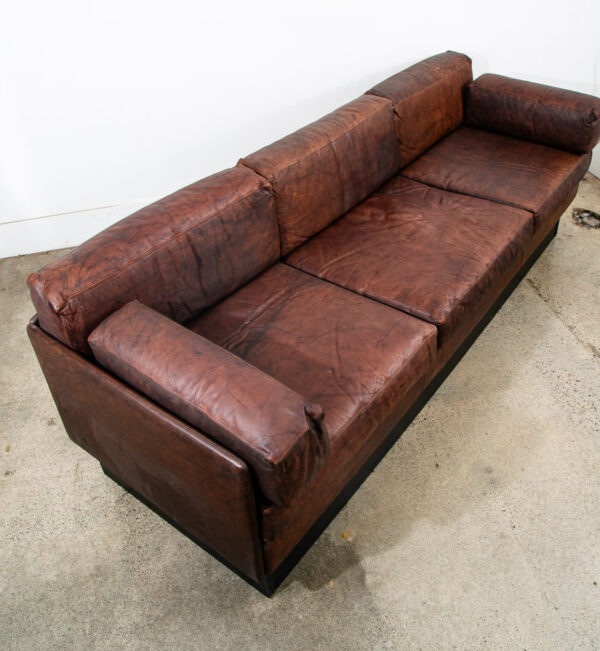 Mid Century Modern Sofa Couch Brown Leather 70s 80s Platform Black Frame 3 Seat