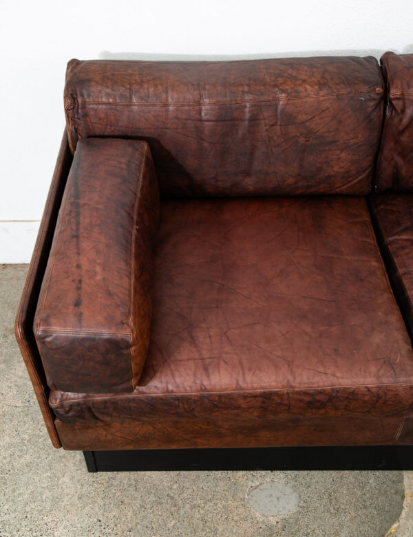 Mid Century Modern Sofa Couch Settee Brown Leather 70s 80s Platform Black 2 Seat - Image 6