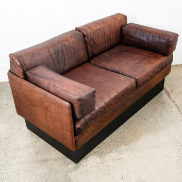 Mid Century Modern Sofa Couch Settee Brown Leather 70s 80s Platform Black 2 Seat