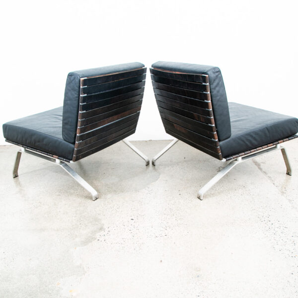 Mid Century Modern Lounge Chairs Pair Black Leather Ligne Roset France Saddle NM - Image 3