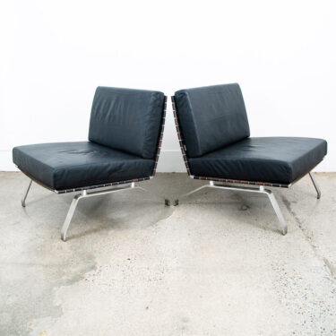 Mid Century Modern Lounge Chairs Pair Black Leather Ligne Roset France Saddle NM