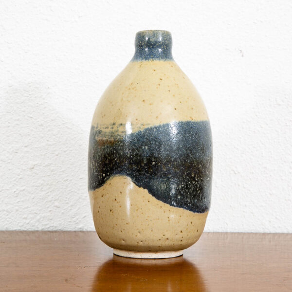 Mid Century Modern Studio Pottery Vase Blue and Tan Round Vintage - Image 3