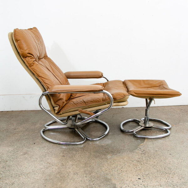 Mid Century Danish Modern Lounge Chair Tan Leather Skoghaug Ottoman Recliner - Image 2