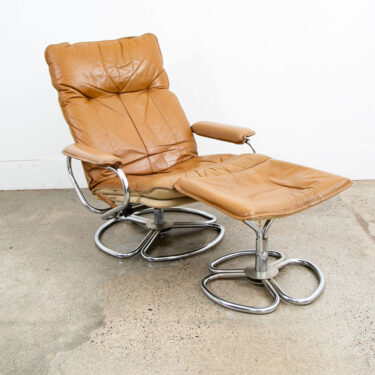 Mid Century Danish Modern Lounge Chair Tan Leather Skoghaug Ottoman Recliner