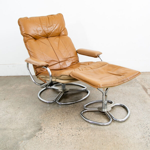 Mid Century Danish Modern Lounge Chair Tan Leather Skoghaug Ottoman Recliner