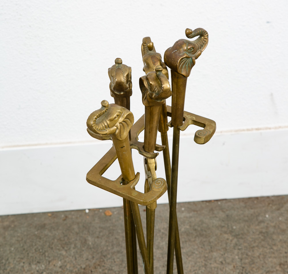 Mid Century Modern Fireplace Tools Solid Brass Elephant Head Gold Metal Mcm - Image 5