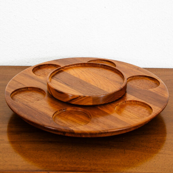 Mid Century Danish Modern Teak Lazy Susan Tray with Cups Luthje Wood Denmark - Image 4