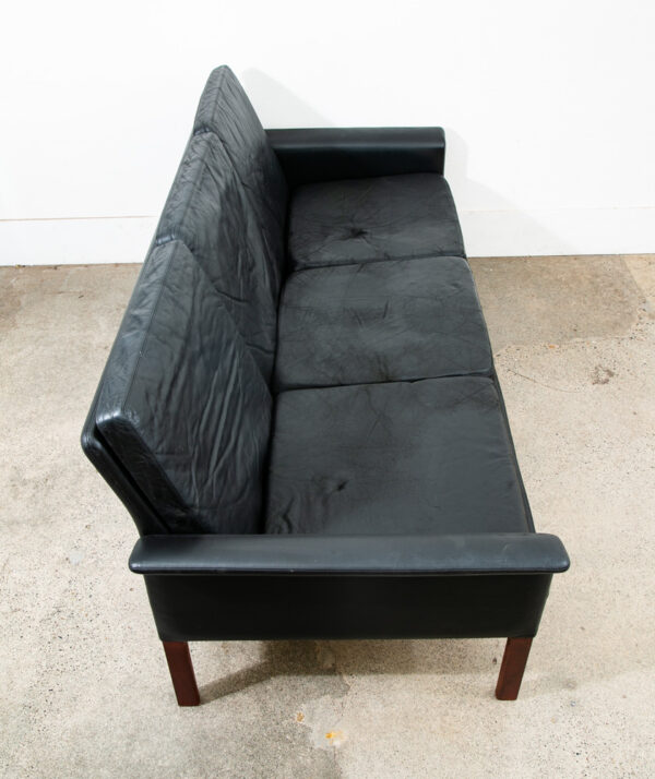 Mid Century Danish Modern Sofa Couch Leather Hans Olsen Black Arm Glostrup Wood - Image 4