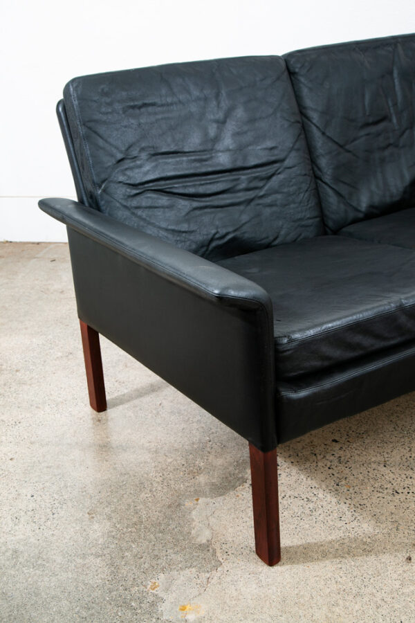 Mid Century Danish Modern Sofa Couch Leather Hans Olsen Black Arm Glostrup Wood - Image 11
