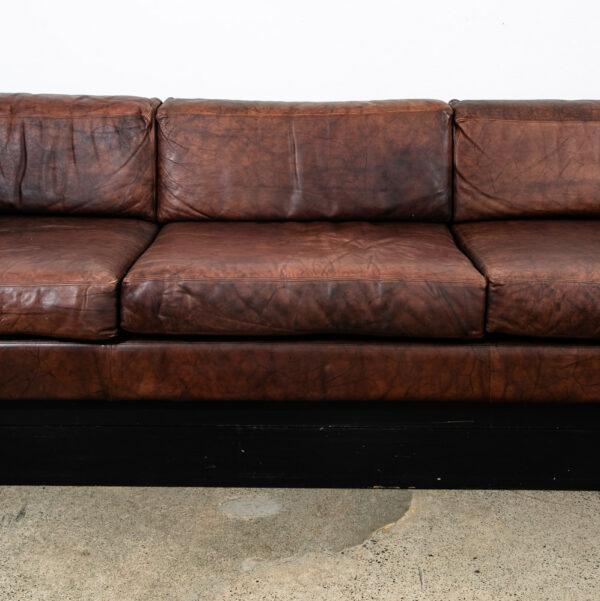 Mid Century Modern Sofa Couch Brown Leather 70s 80s Platform Black Frame 3 Seat - Image 8
