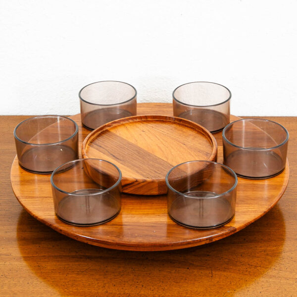 Mid Century Danish Modern Teak Lazy Susan Tray with Cups Luthje Wood Denmark
