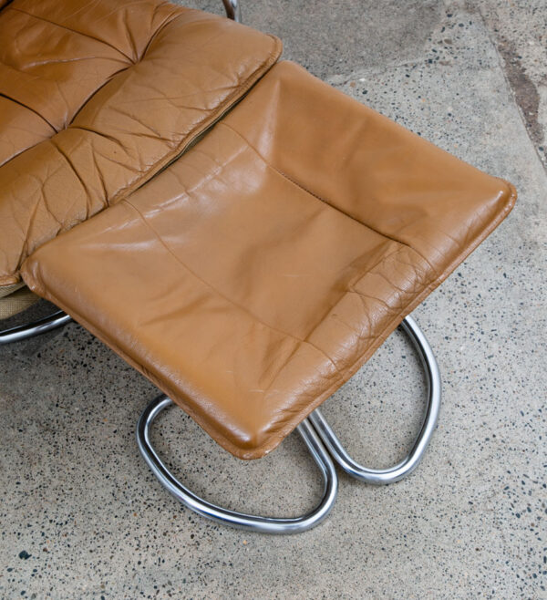 Mid Century Danish Modern Lounge Chair Tan Leather Skoghaug Ottoman Recliner - Image 9
