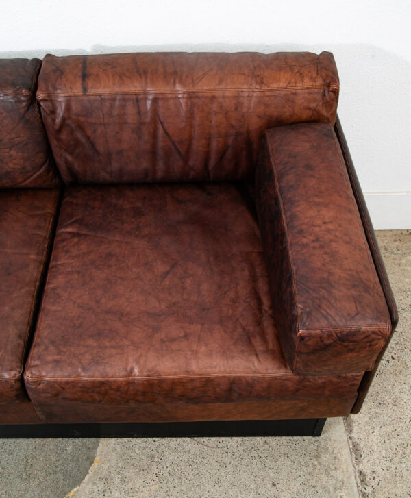 Mid Century Modern Sofa Couch Settee Brown Leather 70s 80s Platform Black 2 Seat - Image 7
