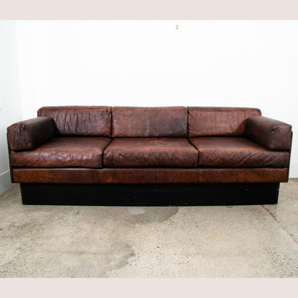 Mid Century Modern Sofa Couch Brown Leather 70s 80s Platform Black Frame 3 Seat - Image 2