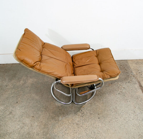 Mid Century Danish Modern Lounge Chair Tan Leather Skoghaug Ottoman Recliner - Image 6