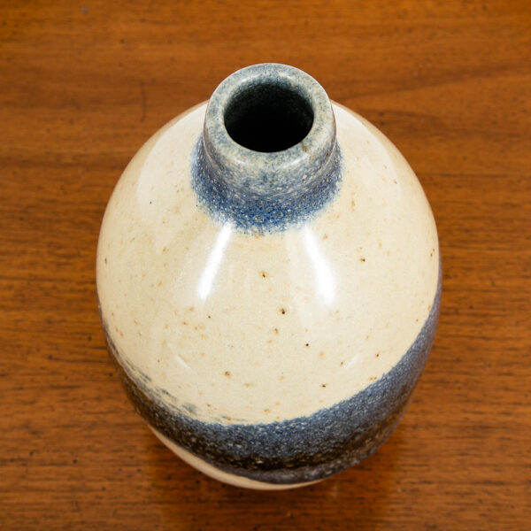 Mid Century Modern Studio Pottery Vase Blue and Tan Round Vintage - Image 4