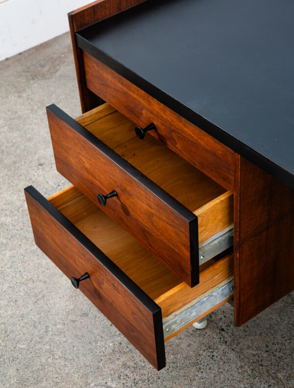 Mid Century Modern Desk Costa Mesa Furniture Walnut Metal Black 3 Drawers Mcm - Image 12