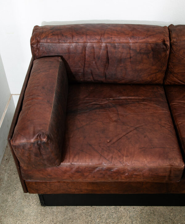 Mid Century Modern Sofa Couch Brown Leather 70s 80s Platform Black Frame 3 Seat - Image 11