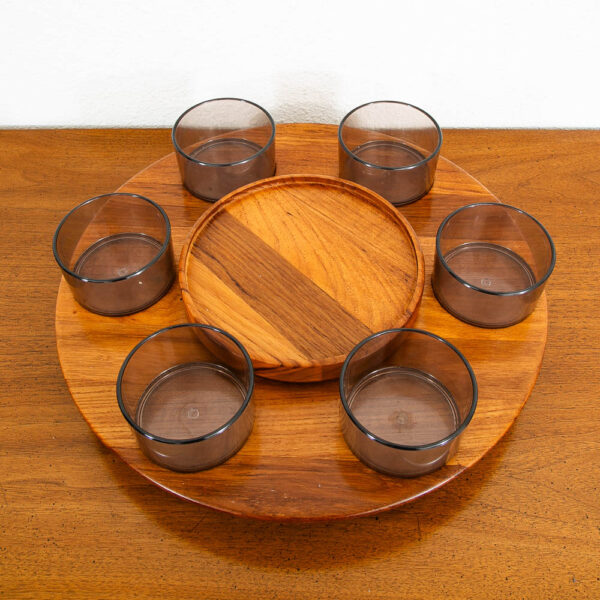 Mid Century Danish Modern Teak Lazy Susan Tray with Cups Luthje Wood Denmark - Image 3