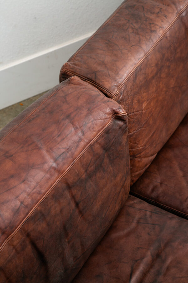 Mid Century Modern Sofa Couch Brown Leather 70s 80s Platform Black Frame 3 Seat - Image 9