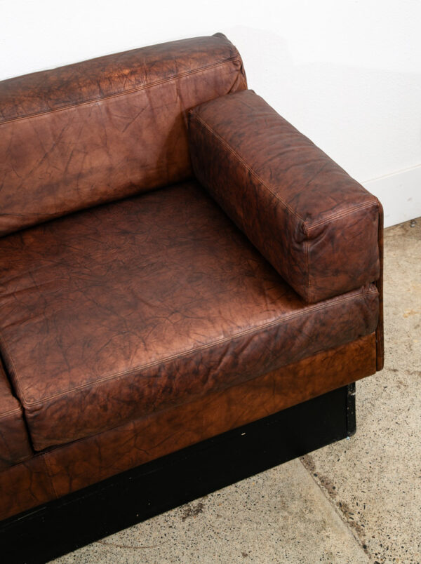 Mid Century Modern Sofa Couch Brown Leather 70s 80s Platform Black Frame 3 Seat - Image 6