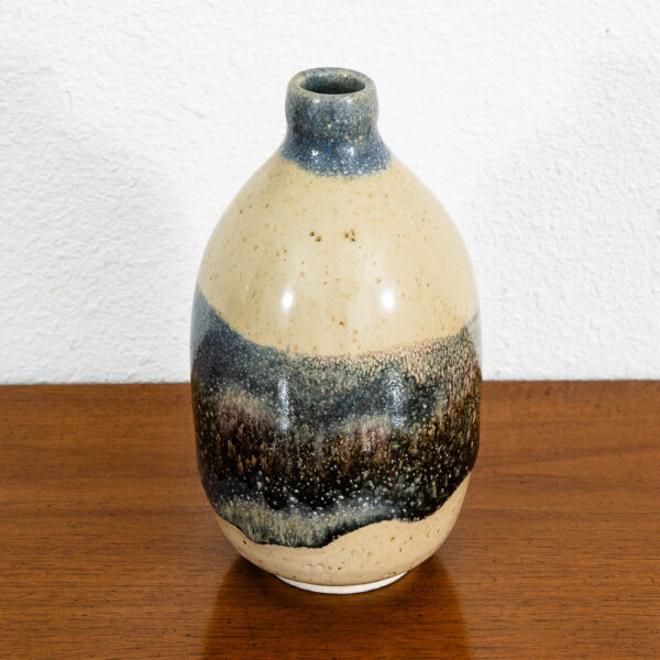 Mid Century Modern Studio Pottery Vase Blue and Tan Round Vintage