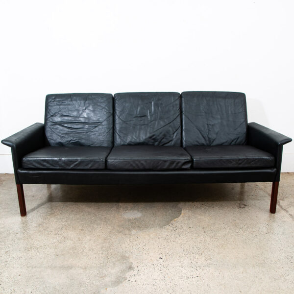 Mid Century Danish Modern Sofa Couch Leather Hans Olsen Black Arm Glostrup Wood - Image 2