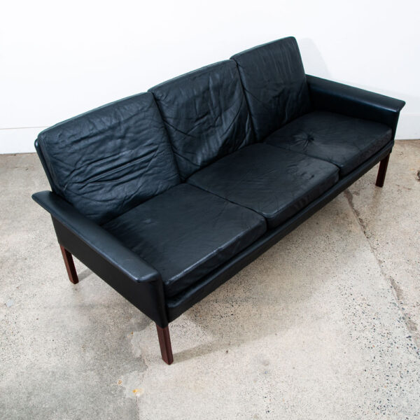 Mid Century Danish Modern Sofa Couch Leather Hans Olsen Black Arm Glostrup Wood