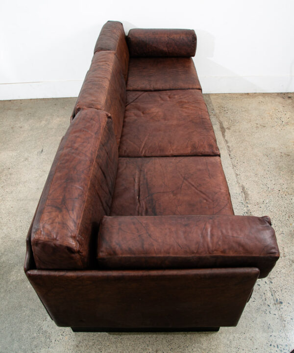 Mid Century Modern Sofa Couch Brown Leather 70s 80s Platform Black Frame 3 Seat - Image 3