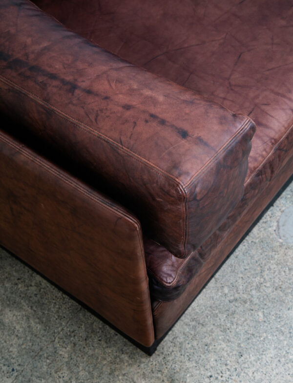 Mid Century Modern Sofa Couch Settee Brown Leather 70s 80s Platform Black 2 Seat - Image 10