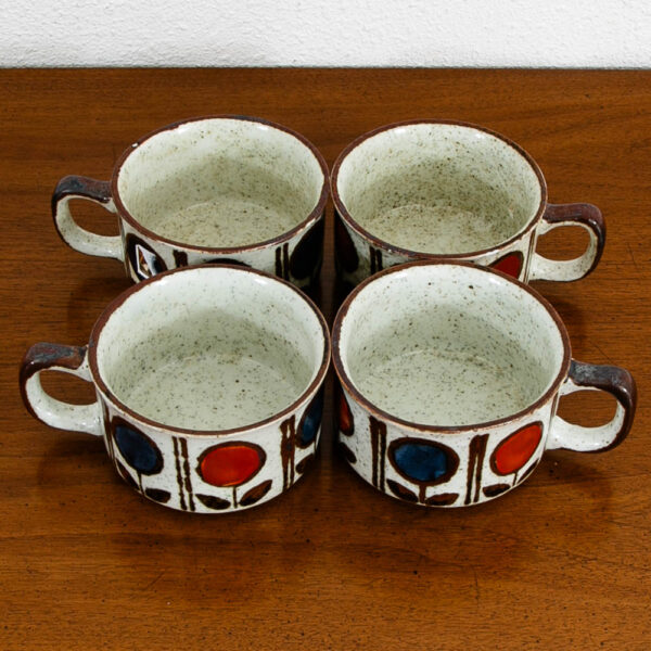 Mid Century Modern Coffee Mugs Set of 4 Handle Ceramic Studio with a Flower Design